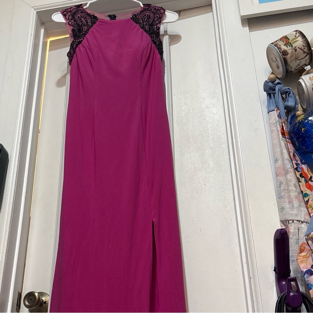 Terani Couture Fuchsia Maxi Dress with Black Lace Shoulders